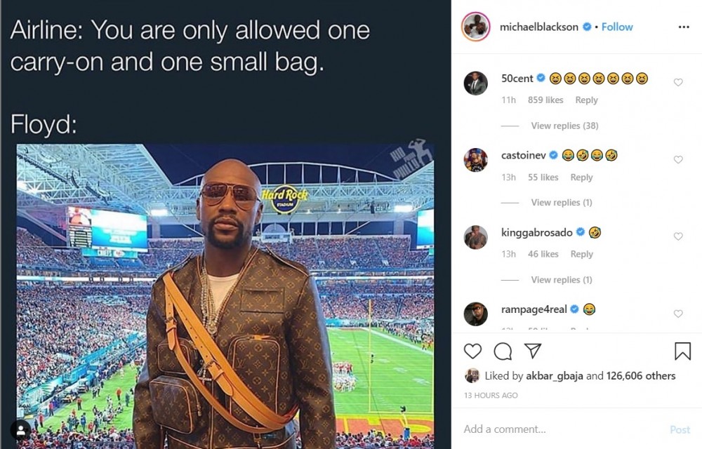 50 Cent &amp; Michael Blackson Get A Laugh Out Of Floyd Mayweather&#039;s Superbowl Outfit