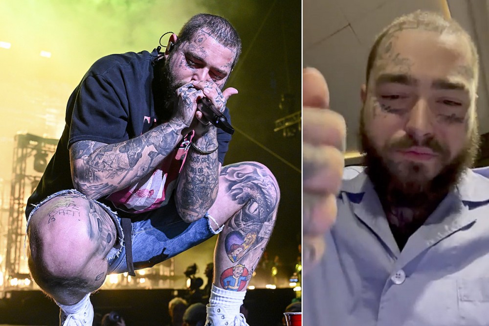 Post Malone Suffers Forceful Onstage Fall, Apologizes to Fans in Video Post Malone Suffers Forceful Onstage Fall, Apologizes to Fans in Video